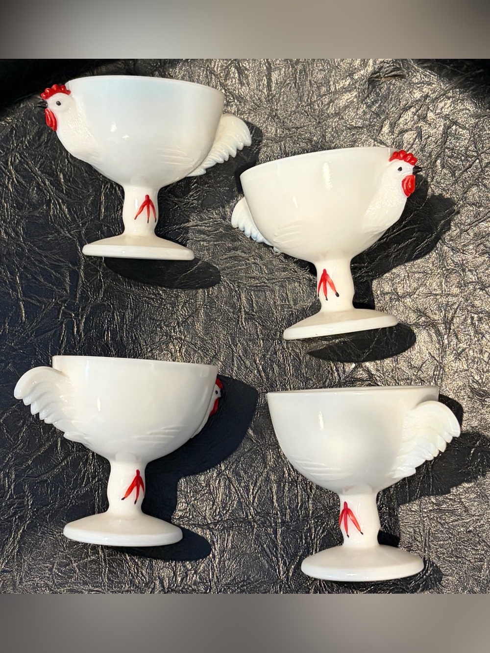 Westmoreland White Milk Glass Hen Egg Cups with Red Accents — Set of 4